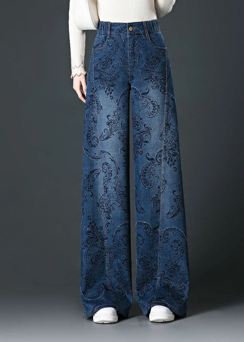 Blue Pockets Print High Waist Wide Leg Jeans Fall