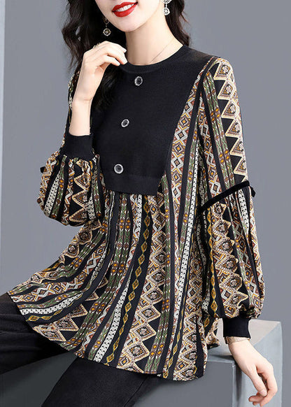 Black O-neck Patchwork Striped Print Shirt Tops Long Sleeve