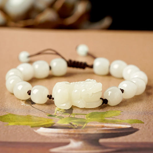 Buddha Stones Natural Hetian White Jade Pixiu Wealth String Bracelet