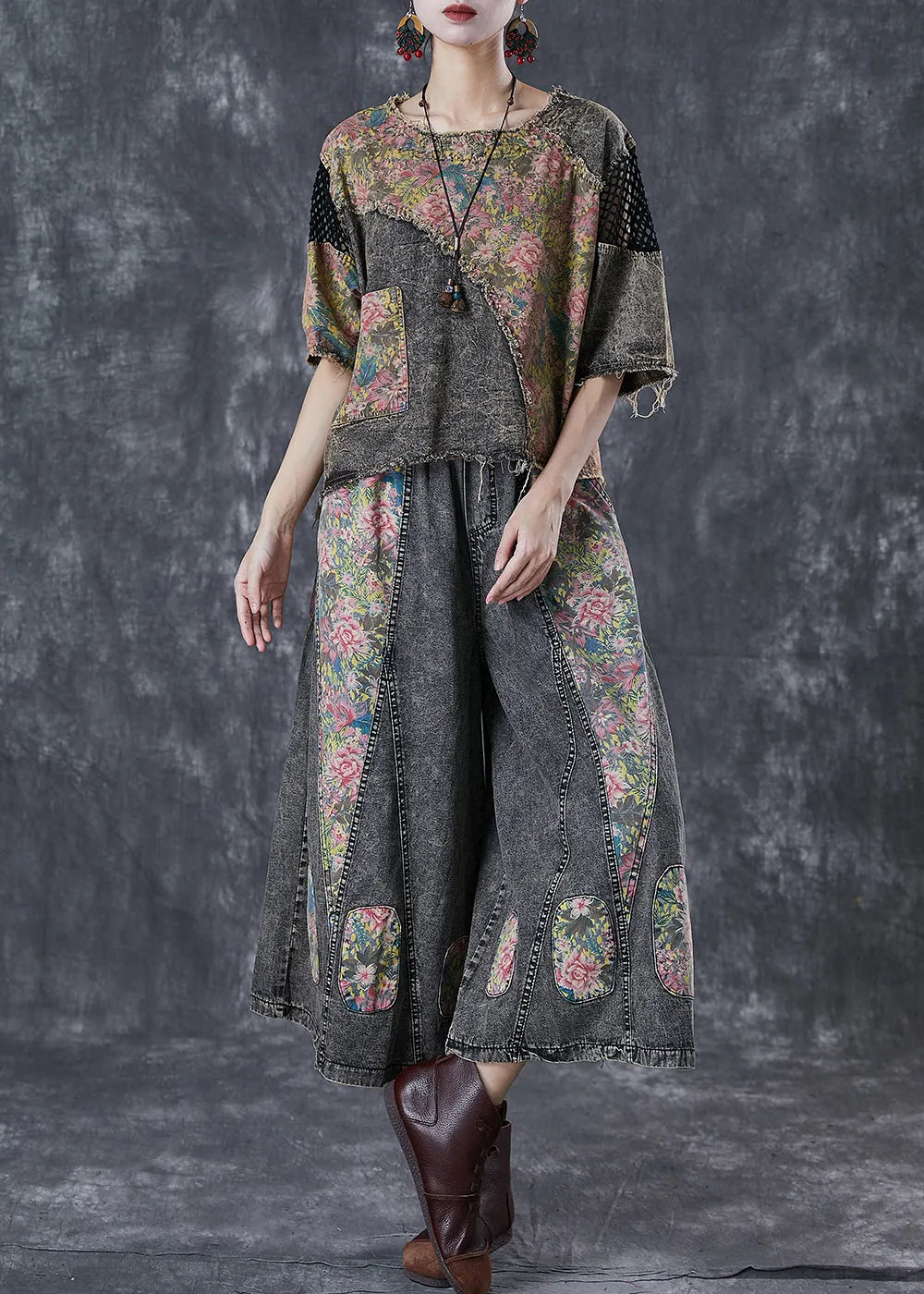 Diy Asymmetrical Patchwork Denim Two Piece Set Clothing Fall