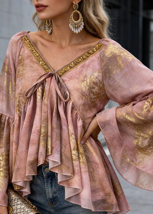 Unique Pink Asymmetrical Sequins Print Chiffon Shirt Spring