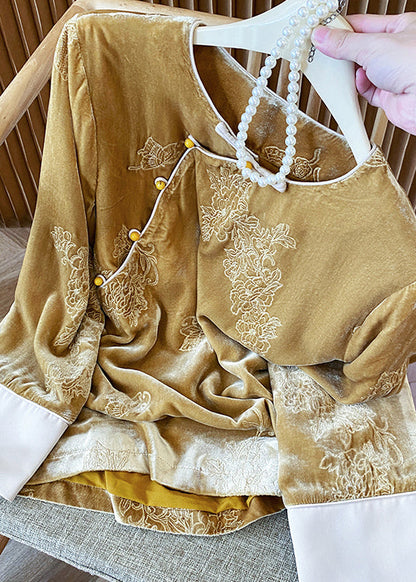 Yellow Oriental Button Jacquard Velour Shirt Top Spring