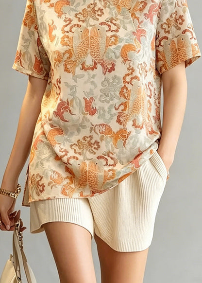 Chinese Style O-neck Print Side Open Tops Summer