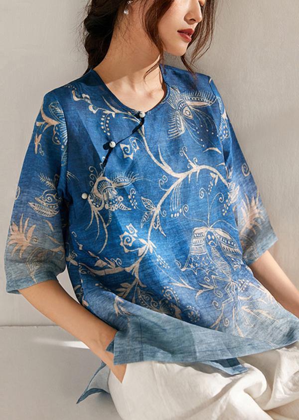 Italian Blue Print Oriental Summer Ramie Shirt Half Sleeve