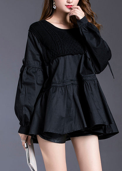 Black Asymmetrical Patchwork Cotton Tops Spring
