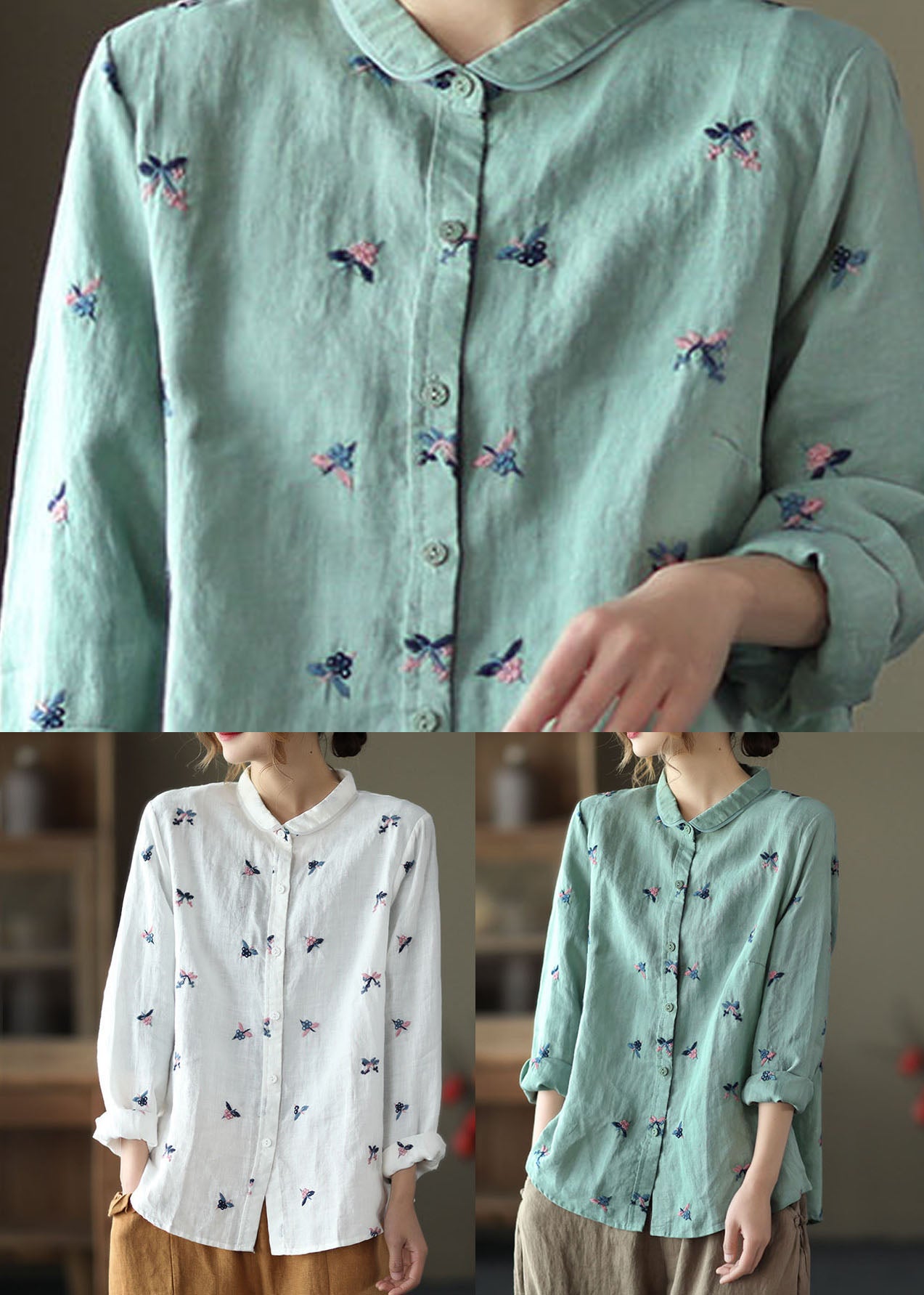 White Peter Pan Collar Embroideried Patchwork Linen Top Spring
