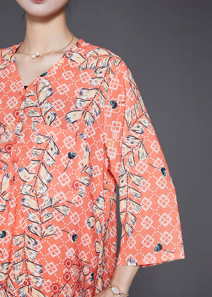 Orange V Neck Pring Cotton Two Piece Suit Set Fall
