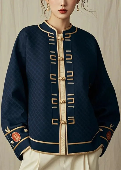 Classy Navy Stand Collar Plaid Button Coat Fall