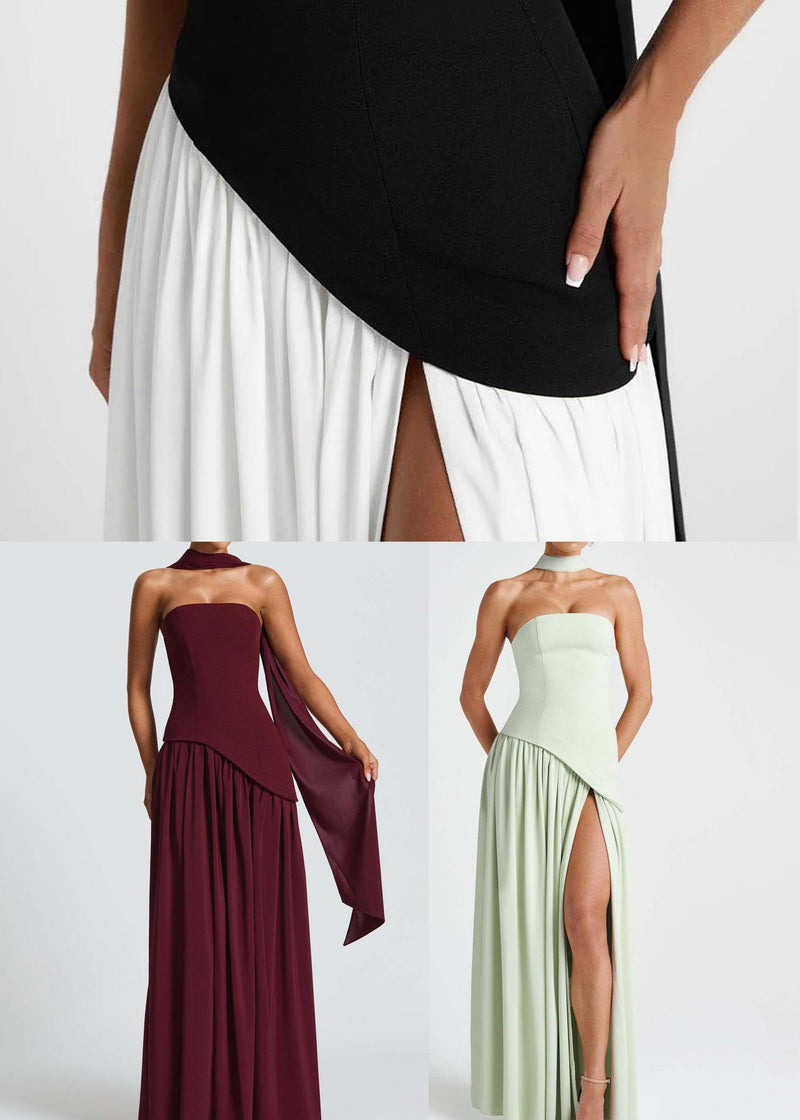 Black White Patchwork Side Open Chiffon Party Dresses