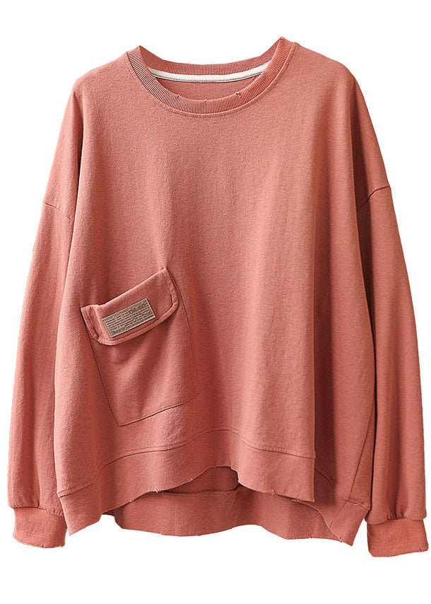 Comfy Brick Red Loose O-neck Pockets Fall Sweatshirt Street Wear