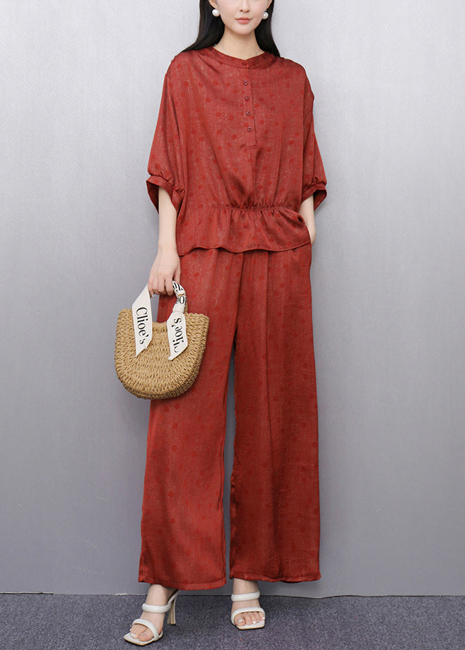 French Red Dot Tops and Wide Leg Pants Cotton Two Pieces Set Half Sleeve