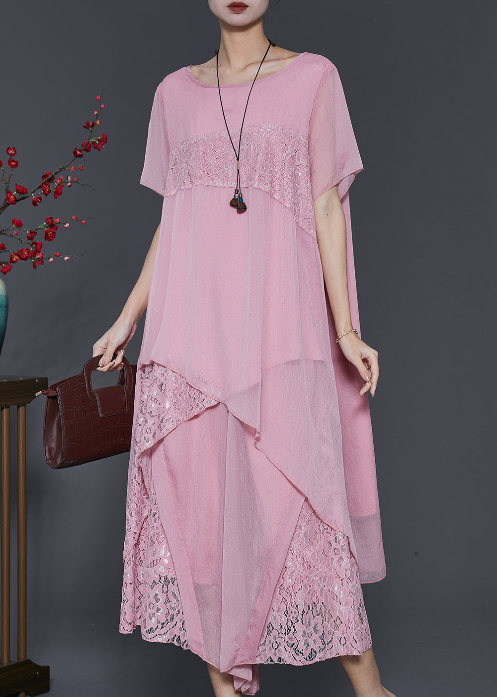 Pink Asymmetrical Patchwork Lace Chiffon Two Pieces Set Summer
