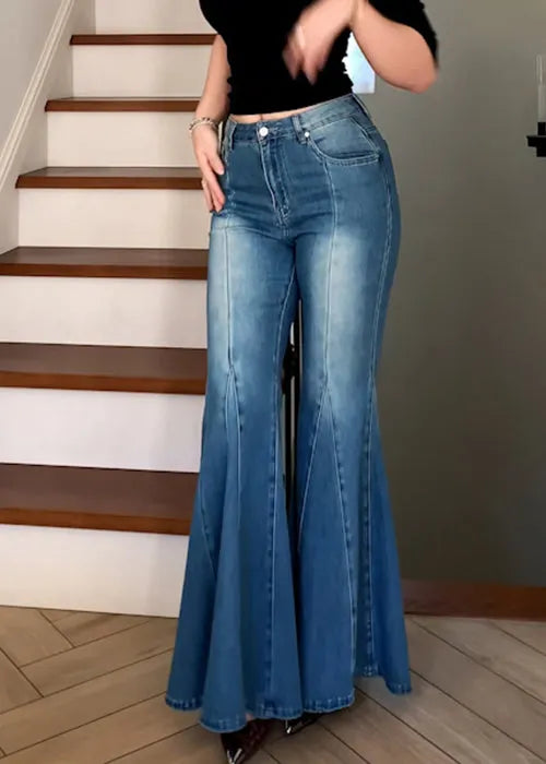 Modern Blue Pockets High Waist Denim Flare Bottoms Fall