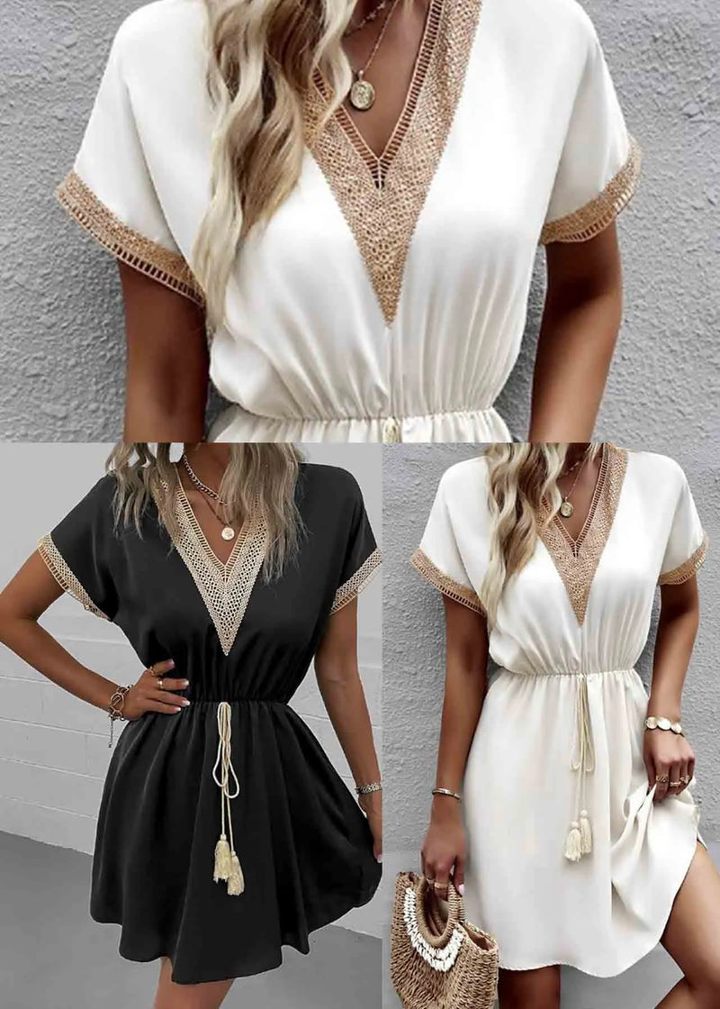 Black Patchwork Lace Dress V Neck Tie Waist Summer