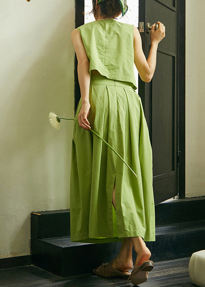 Art Green O-neck Cotton Top and Pleated Skirt Two Pieces Set Sleeveless