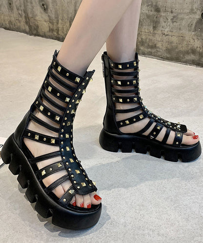 Stylish Black Rivet Hollow Out Sandals Platform Boots