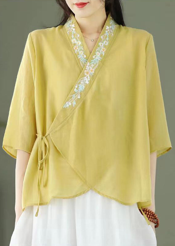 Light Coffee Embroideried Lace Up Patchwork Cotton Top Half Sleeve