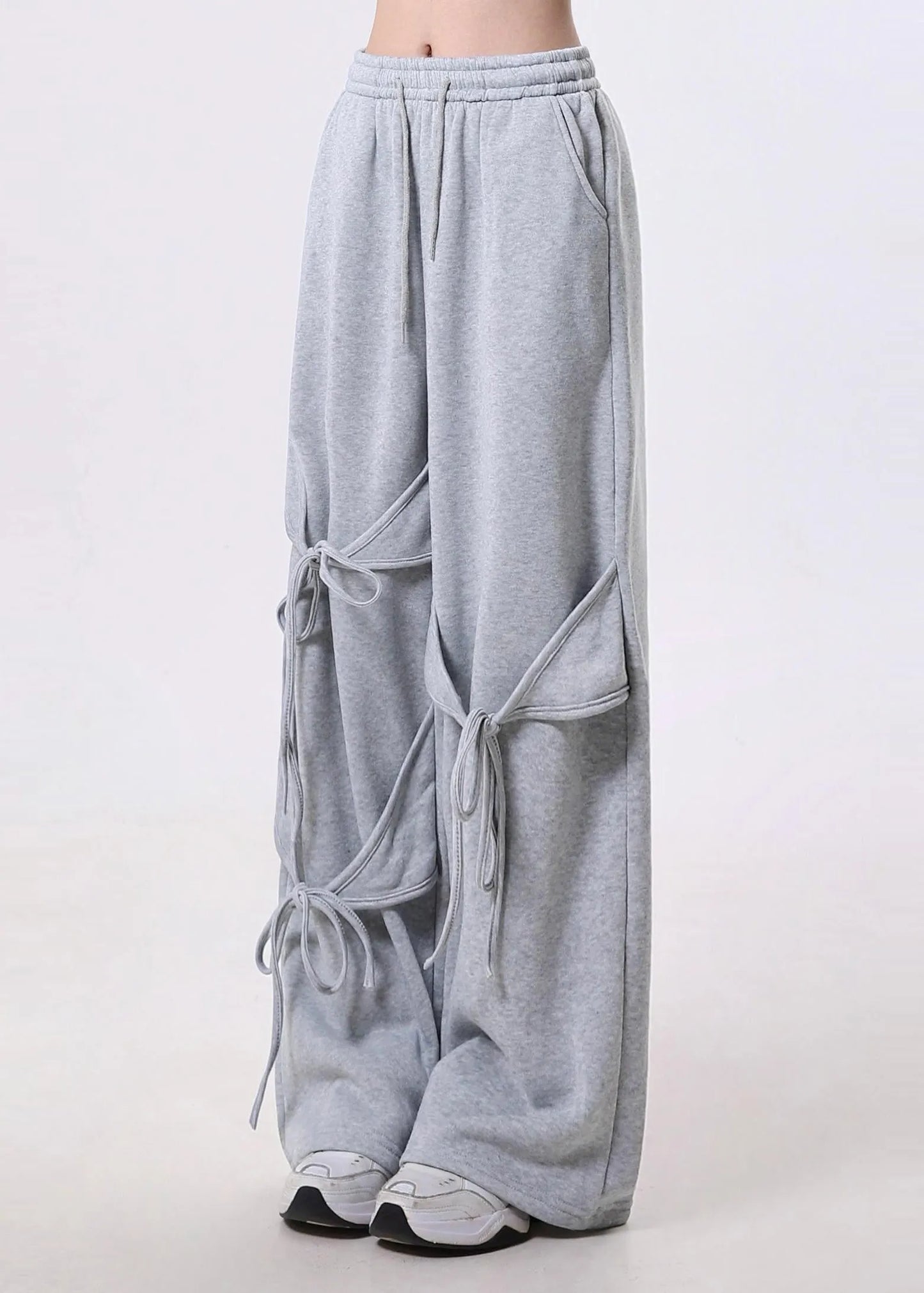 Modern Grey Oversized Lace Up Cotton Straight Pants Spring