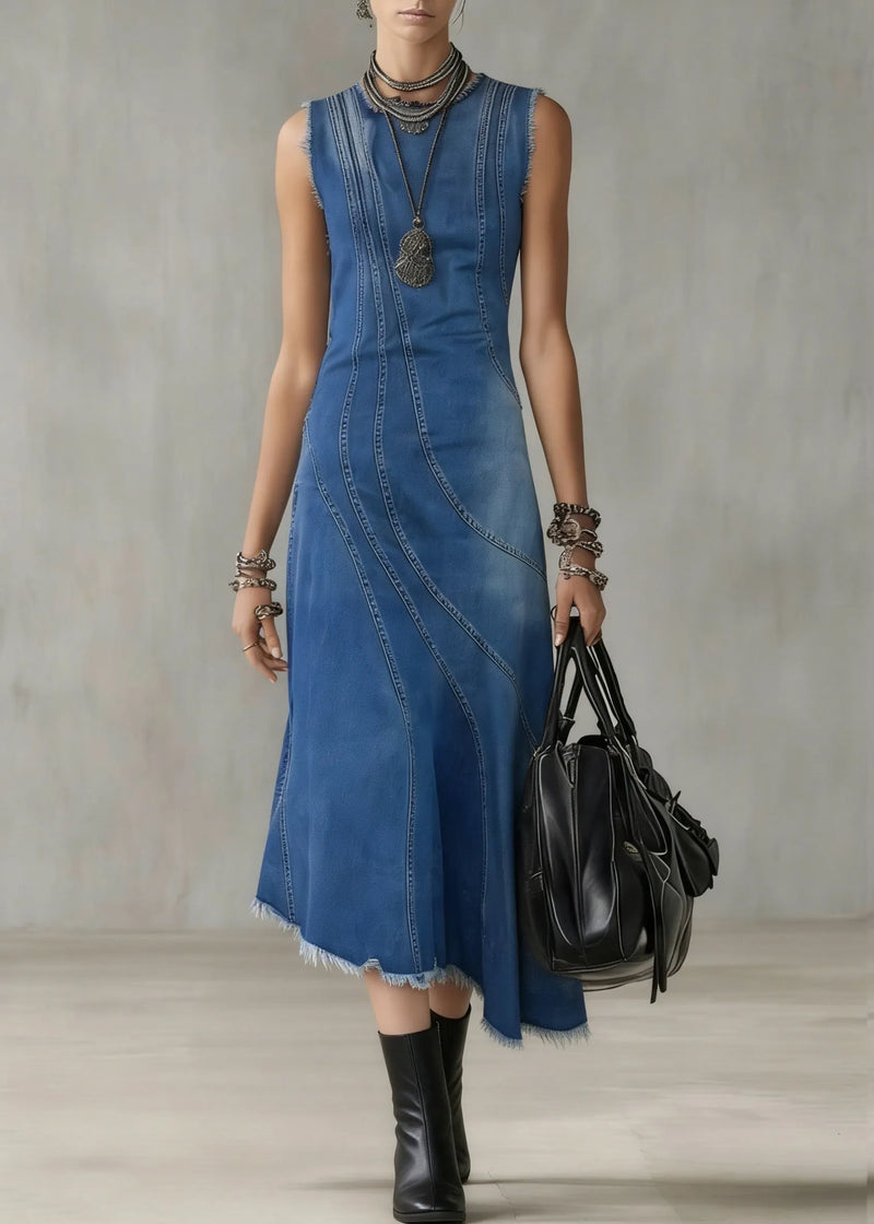 French Blue Asymmetrical Striped Denim Long Dresses Summer