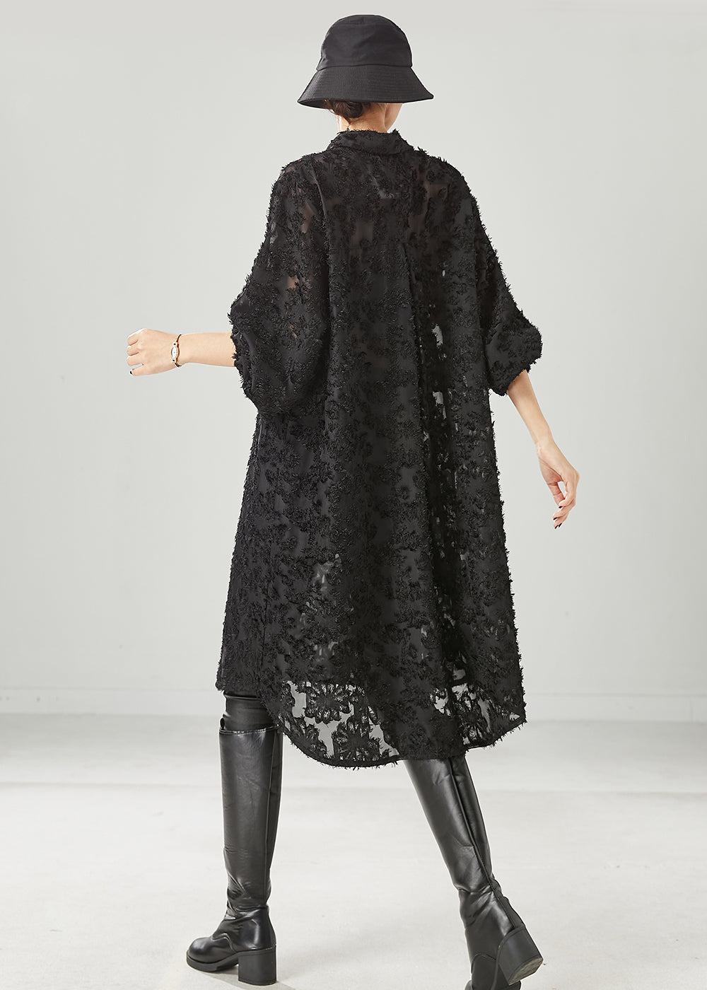 Black Tasseled Pockets Cotton Shirt Dress Spring