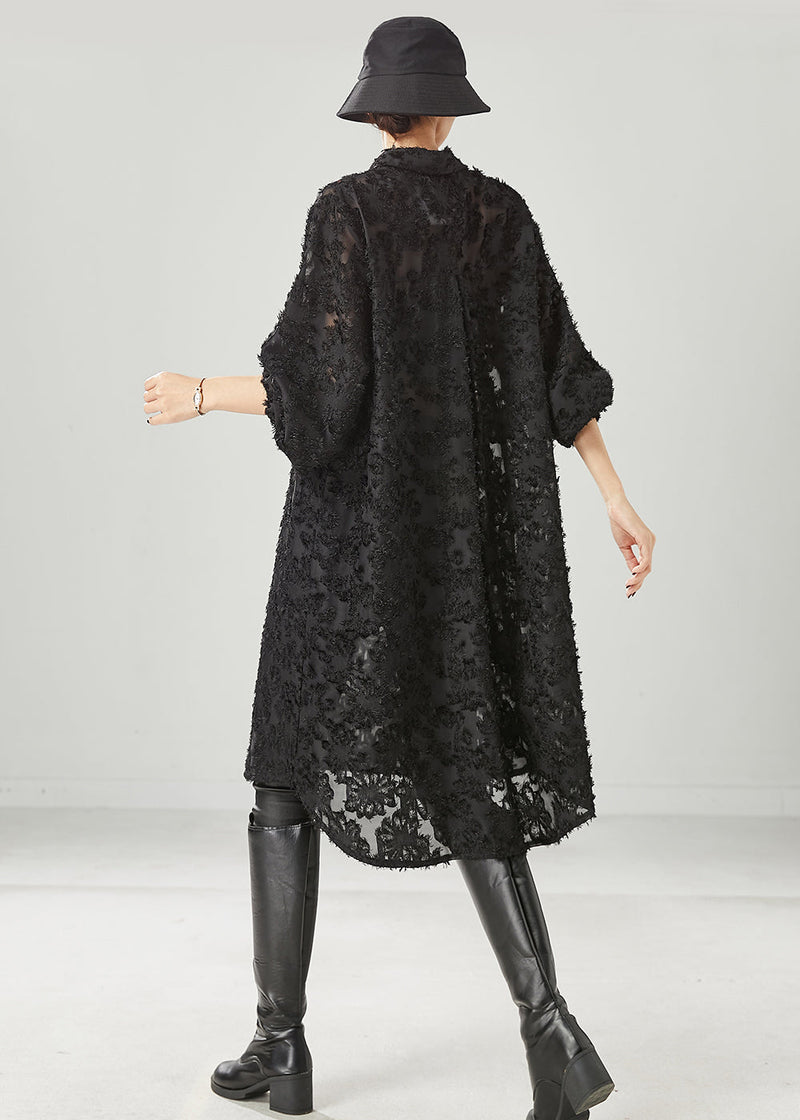 Black Tasseled Pockets Cotton Shirt Dress Spring
