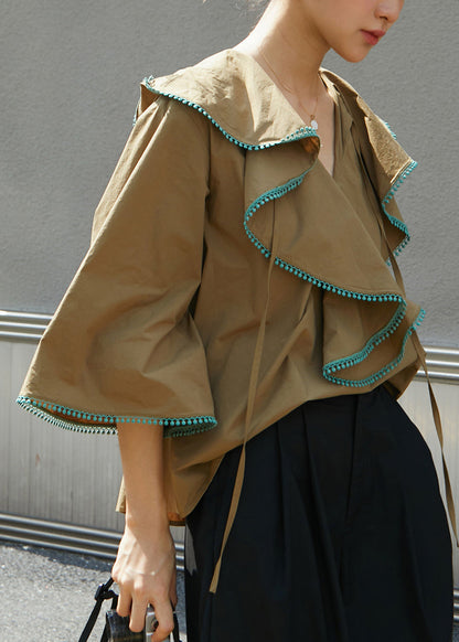 Khaki V Neck Ruffled Patchwork Cotton Shirts Fall