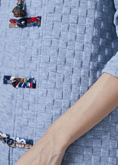Blue Grey Chinese Button Cotton Trench Coats Fall