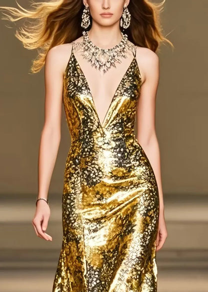 Italian Golden Ruffled Patchwork Silk Wraped Dress Summer