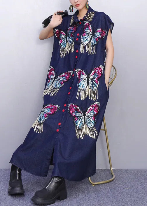 Creative Butterfly Adorned Pockets Denim Maxi Dress
