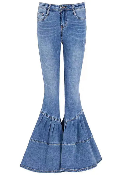Blue Pockets High Waist Denim Flared Trousers Summer