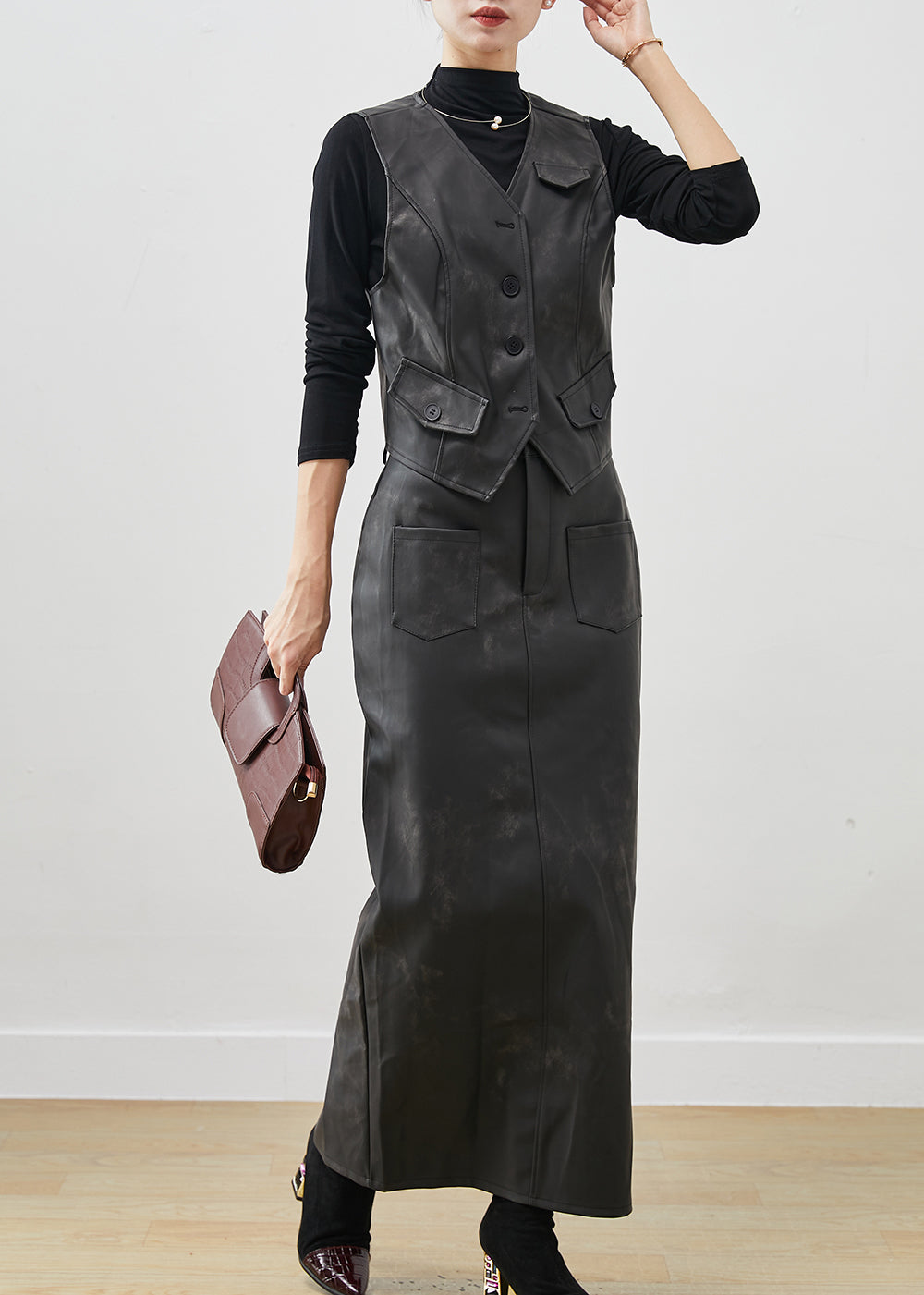 Black Silm Fit Faux Leather Two Piece Set Clothing Pockets Winter