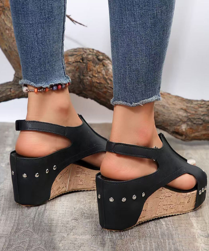 European American Style Black Splicing Wedge Sandals Hollow Out Peep Toe