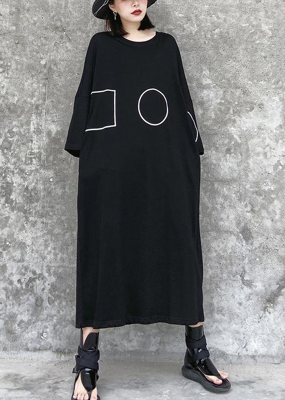 French Black-flower Tunics for O Neck Pockets a Line Dress