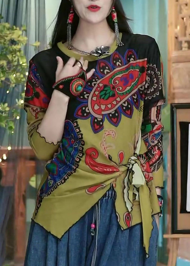 Colorblock Print Lace Up Cotton Top Long Sleeve