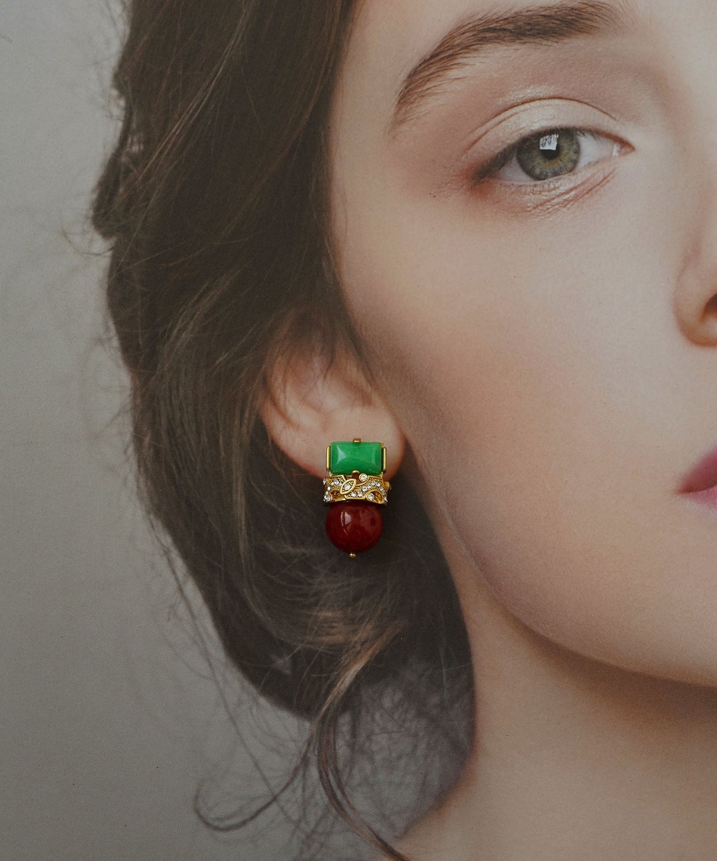 Colorblock Sterling Silver Overgild Zircon Jade Agate Stud Earrings