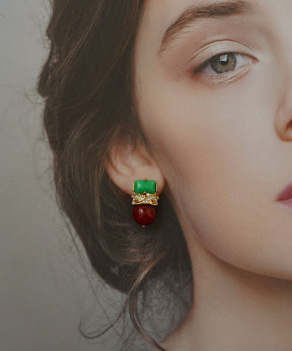 Colorblock Sterling Silver Overgild Zircon Jade Agate Stud Earrings