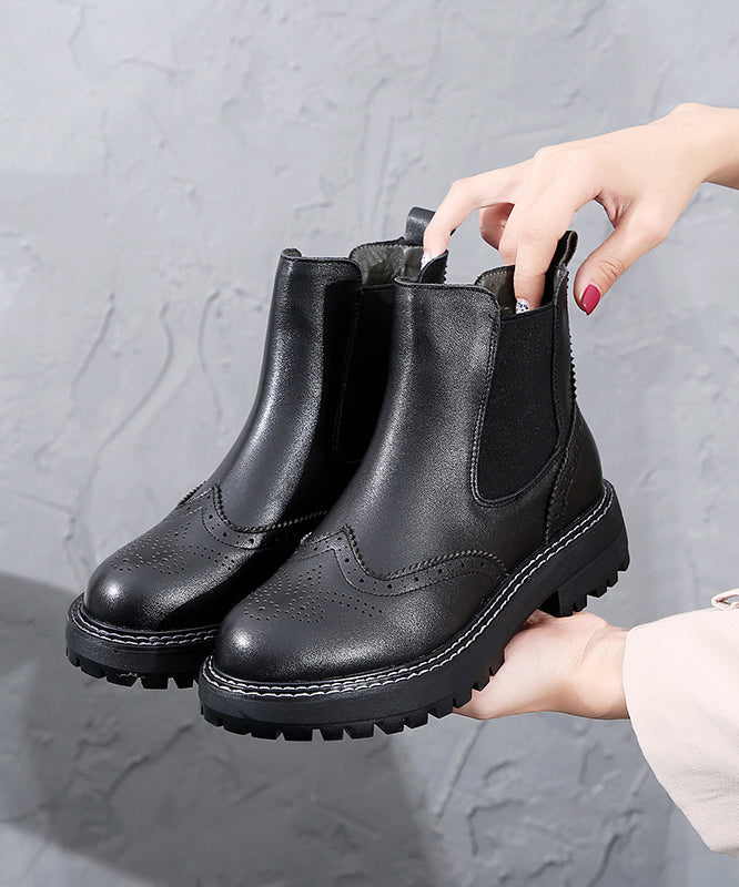 Fitted Black Comfortable Splicing Chunky Boots Black Genuine Leather Ankle Boots