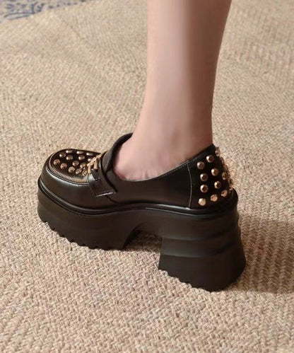 Chunky Platform Heels Black Cowhide Leather Rivet