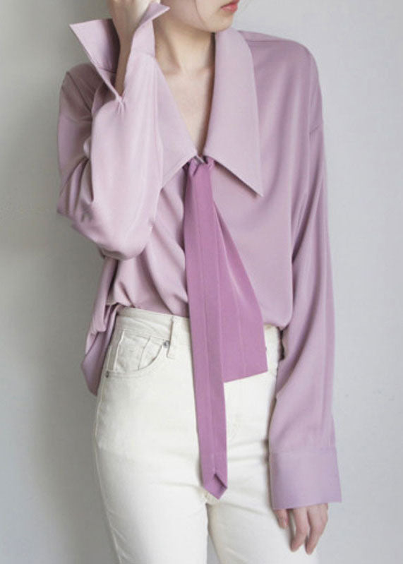 French Pink Bow Chiffon Shirts Long Sleeve