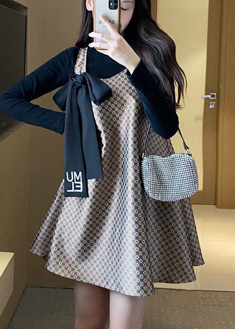 Fitted Retro Bow Print Fall Two Pieces Set