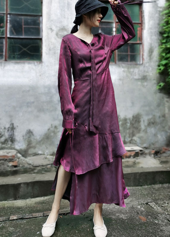 Maroon Asymmetrical Design Patchwork Ruffles Chiffon Dress Long Sleeve