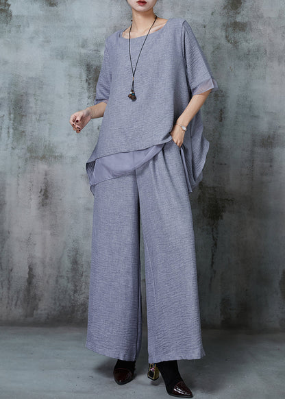 Grey Oversized Patchwork Linen Two Pieces Set Summer