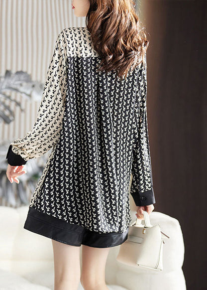 Black V Neck Contrast Color Print Chiffon Shirt Fall