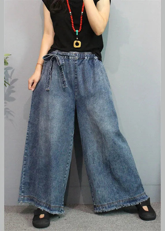 Blue Retro Pockets Tie Waist Fall Wide Leg Denim Pants