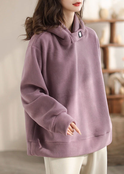 Loose Red Faux Suede Hooded Sweatshirt Spring