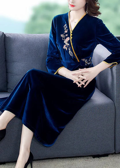 Dark Blue V Neck Embroideried Silk Velour Holiday Dress Long Sleeve