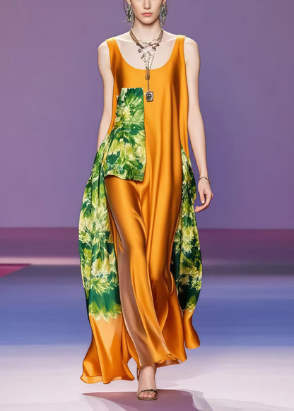 Caramel Asymmetrical Patchwork Silk Dress Sleeveless