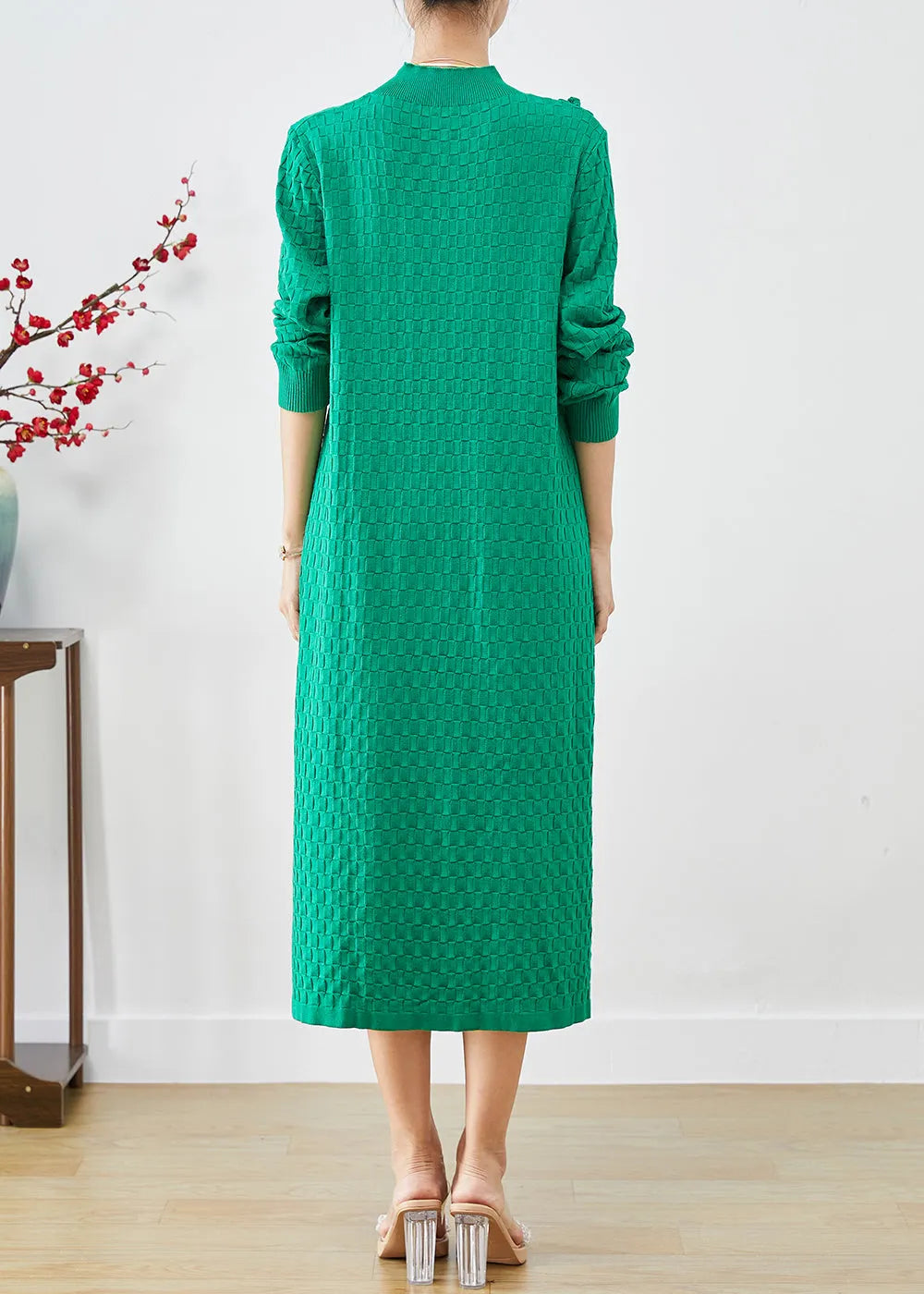 Green Plaid Chinese Button Knitwear Dress Winter
