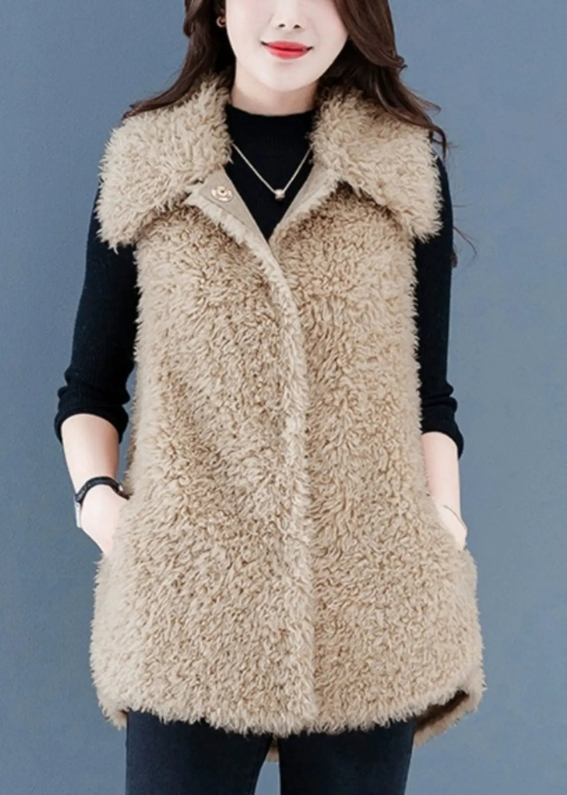 Beige Button Pockets Teddy Faux Fur Waistcoat Sleeveless