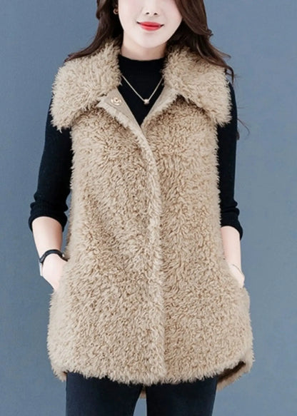 Beige Button Pockets Teddy Faux Fur Waistcoat Sleeveless